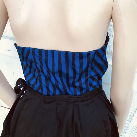 Anthropologie Chorus Girl Romper Maeve Black Blue Stripe Strapless Sz 6 M Retro - Picture 8 of 13